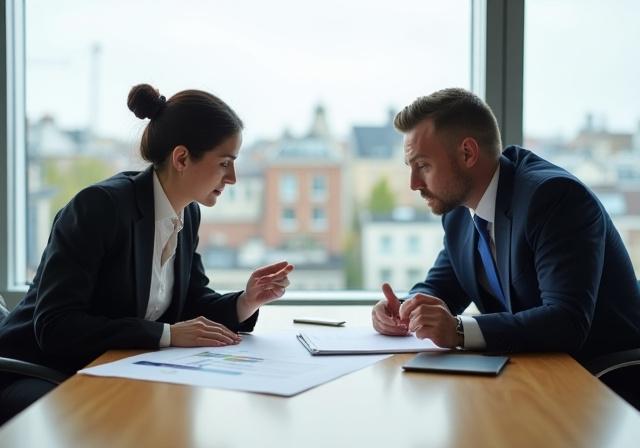 Business partners reviewing a complex contract in a London office