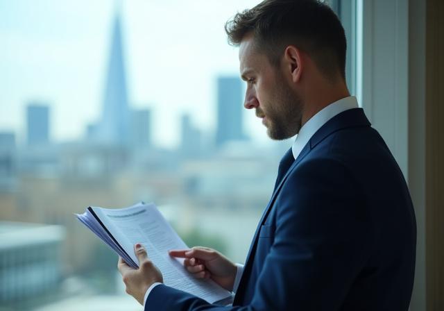 Legal Professional reviewing business documents in a London office